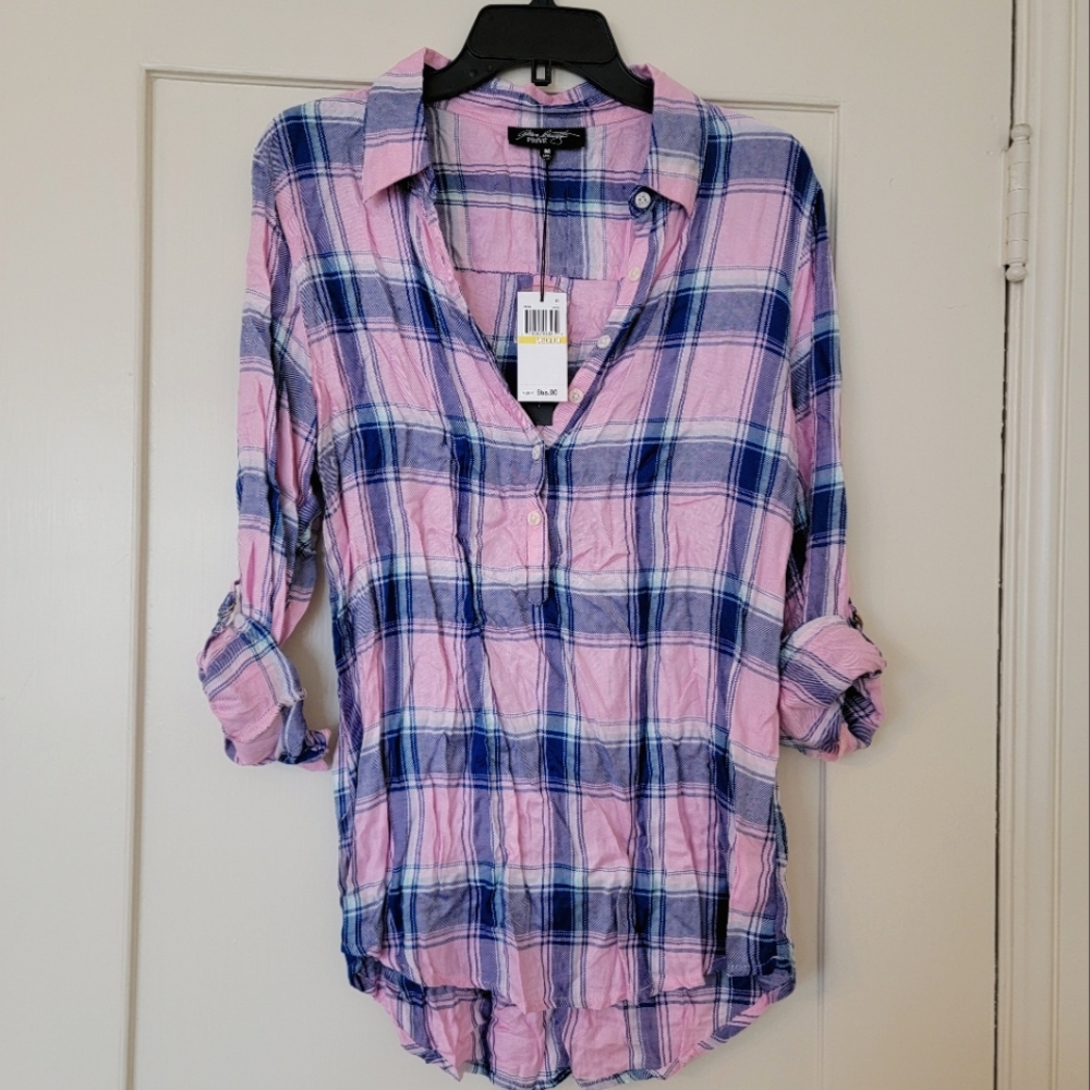 NWT Allen Schwartz Privé Plaid Pink Navy Top Size M